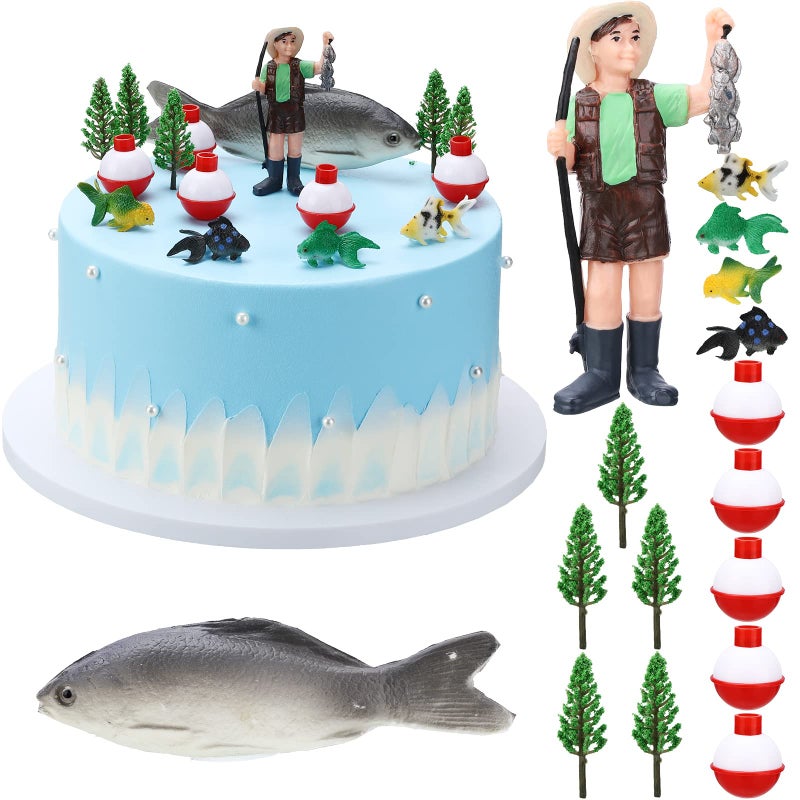 Amyhill 16 Pcs Gone Fishing Cake Decoration Gone Fishing Cake Topper Birthday Party Supplies For Man Kids Boy Girls Fisherman Themed Party Decor  Mixed Styles - Image 1