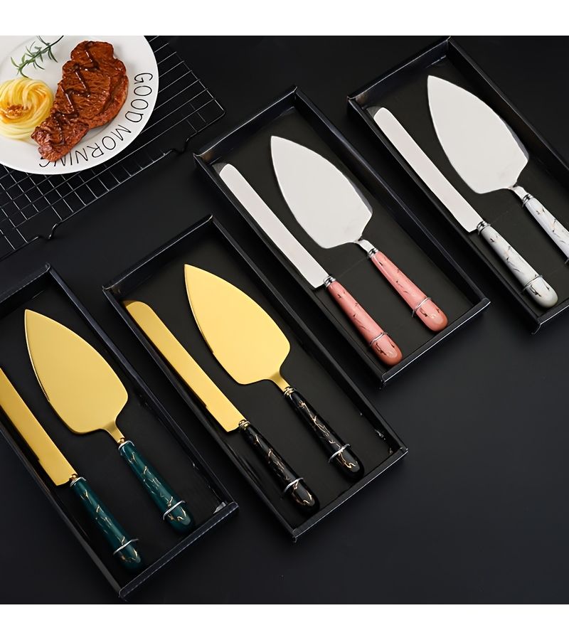 Silvery Black Stainless Steel Cake Server and Spatula Set with Pearl Ceramic Handle for Wedding Birthday Party and Holiday Gifts - Image 4