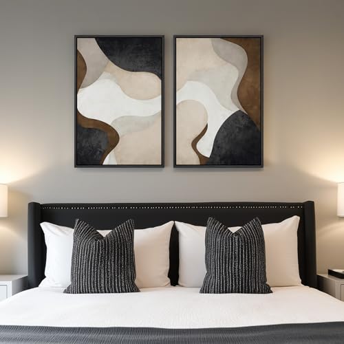 Cuspin Framed Neutral Abstract Minimalist Wall Art Set of 2 Modern Canvas Prints Paintings Artwork for Walls Black Beige Brown Abstract Art Pictures for Bedroom Living Room Dining Room Wall Decor 16x24 In - Image 3