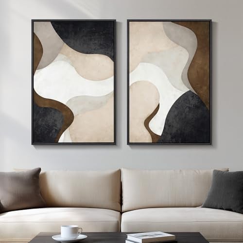 Cuspin Framed Neutral Abstract Minimalist Wall Art Set of 2 Modern Canvas Prints Paintings Artwork for Walls Black Beige Brown Abstract Art Pictures for Bedroom Living Room Dining Room Wall Decor 16x24 In - Image 1