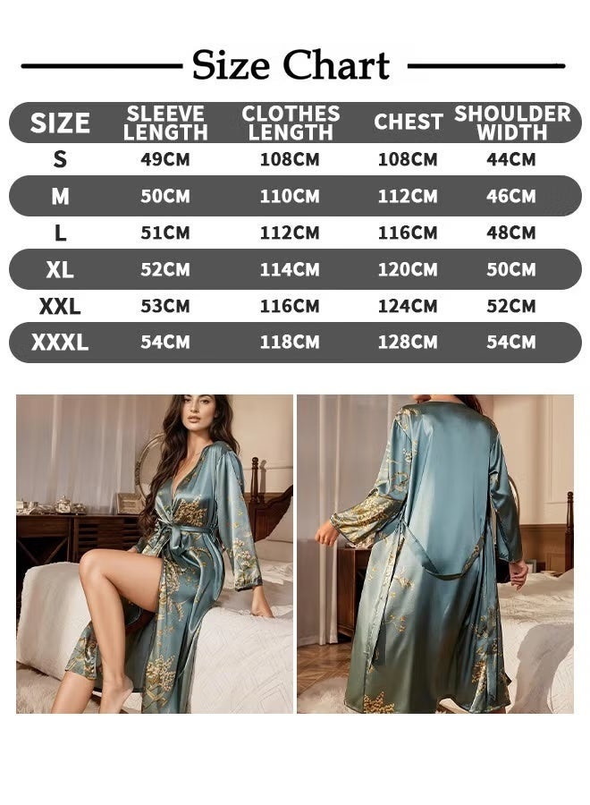 EETU Satin Bathrobe,Women's bathrobes,Satin Robe Golden Flowers Pattern,Nightgowns,Satin Pajamas,Pajamas, Nightdresses,Silky Bathrobes Summer Loungewear,Bule-Green,S - Image 4
