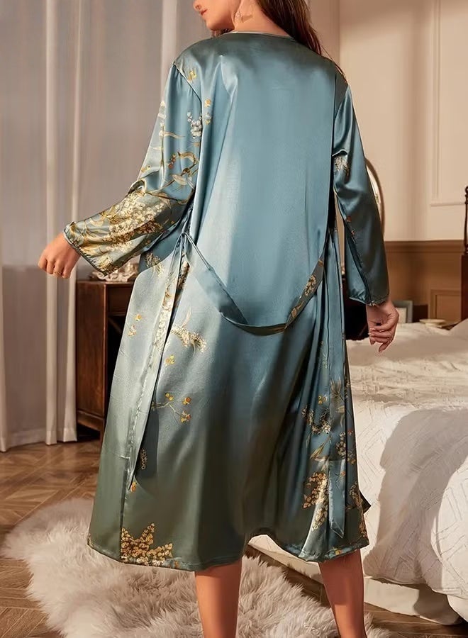 EETU Satin Bathrobe,Women's bathrobes,Satin Robe Golden Flowers Pattern,Nightgowns,Satin Pajamas,Pajamas, Nightdresses,Silky Bathrobes Summer Loungewear,Bule-Green,S - Image 1