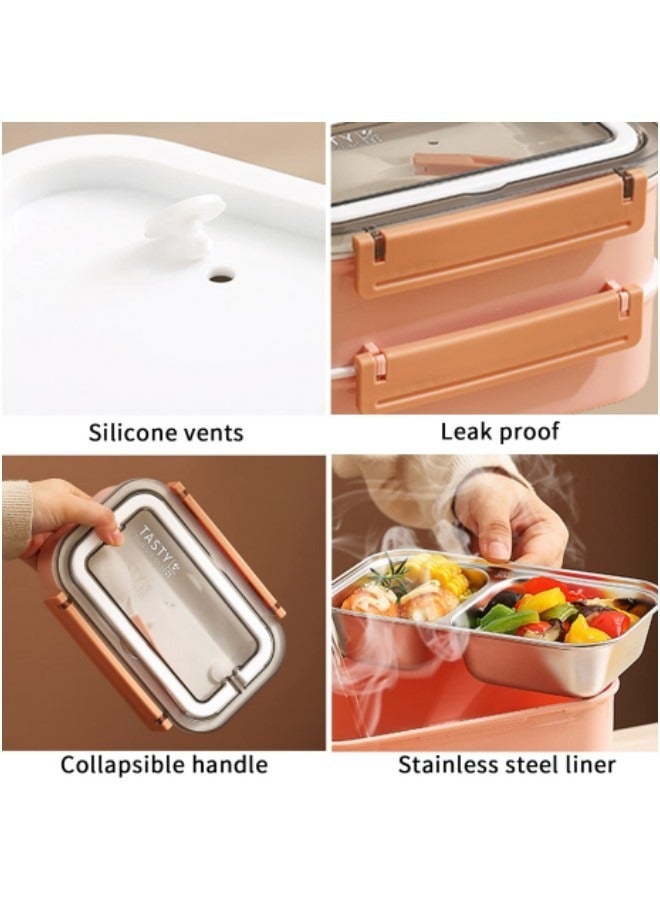 GGEROU Stainless Steel Lunch Box Double-Layer Insulated Bento Box with Compartments and Tableware 1.6L Pink - Image 4