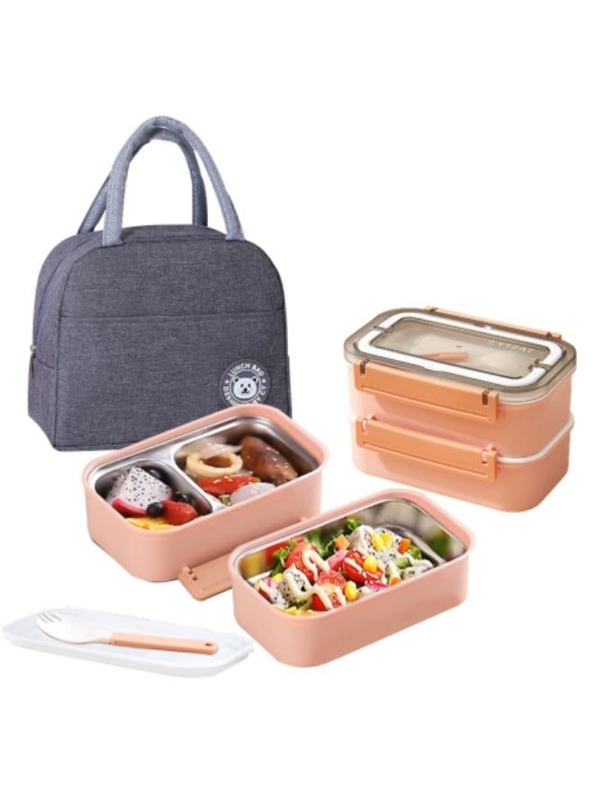 GGEROU Stainless Steel Lunch Box Double-Layer Insulated Bento Box with Compartments and Tableware 1.6L Pink - Image 1