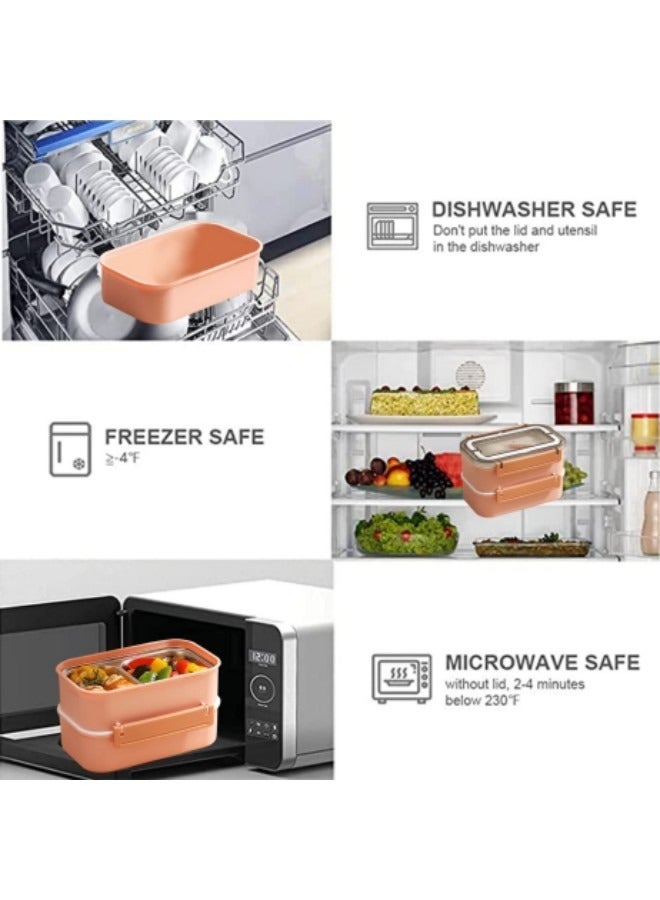 GGEROU Stainless Steel Lunch Box Double-Layer Insulated Bento Box with Compartments and Tableware 1.6L Pink - Image 5