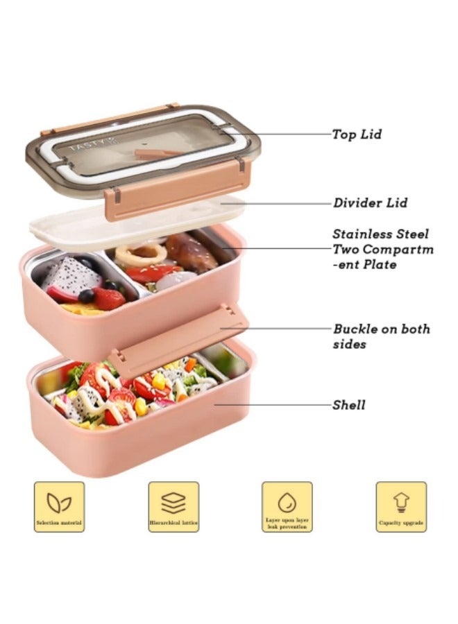 GGEROU Stainless Steel Lunch Box Double-Layer Insulated Bento Box with Compartments and Tableware 1.6L Pink - Image 3