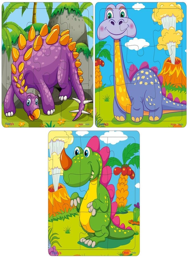 Fiddlys Wooden Jigsaw Puzzles for Kids & Children – 9 Pieces Each, Pack of 3|Double Layered Front & Back Print| Educational Toy for Boys & Girls Age 2 3 4 5 6 Year Old (Dinos Pack of 3) - Image 1