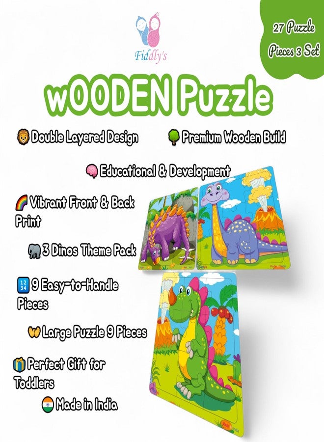 Fiddlys Wooden Jigsaw Puzzles for Kids & Children – 9 Pieces Each, Pack of 3|Double Layered Front & Back Print| Educational Toy for Boys & Girls Age 2 3 4 5 6 Year Old (Dinos Pack of 3) - Image 3