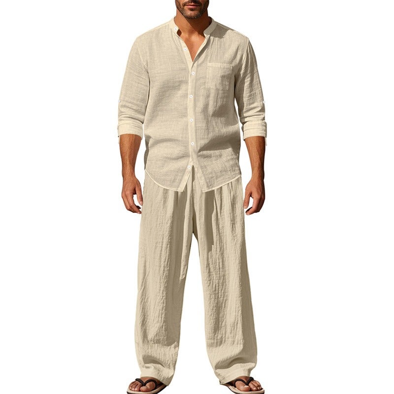 Cross-Border 2025 American-Style Four Seasons Linen Men's Casual Loose Breathable Long Sleeve Shirt and Pants Beach Set