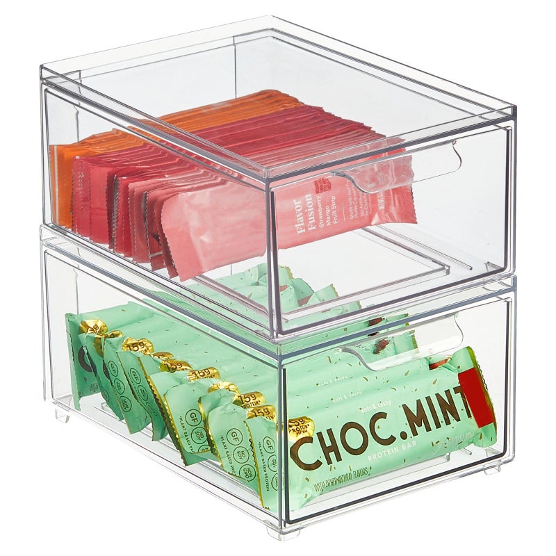 mDesign Stackable Storage Containers Box with Pull-Out Drawer - Stacking Plastic Drawers Bins for Kitchen Pantry and Cupboard, Cabinet, Counter, Island and Tables - Lumiere Collection - 2 Pack - Clear - Image 1