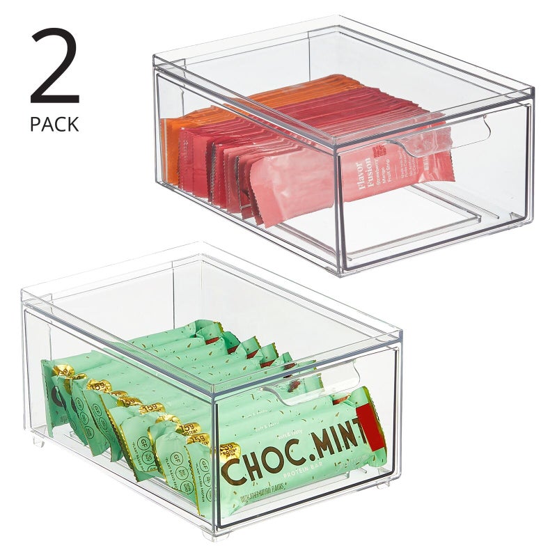 mDesign Stackable Storage Containers Box with Pull-Out Drawer - Stacking Plastic Drawers Bins for Kitchen Pantry and Cupboard, Cabinet, Counter, Island and Tables - Lumiere Collection - 2 Pack - Clear - Image 2
