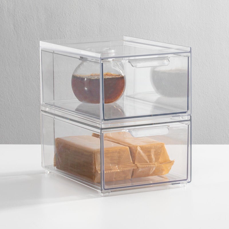 mDesign Stackable Storage Containers Box with Pull-Out Drawer - Stacking Plastic Drawers Bins for Kitchen Pantry and Cupboard, Cabinet, Counter, Island and Tables - Lumiere Collection - 2 Pack - Clear - Image 3