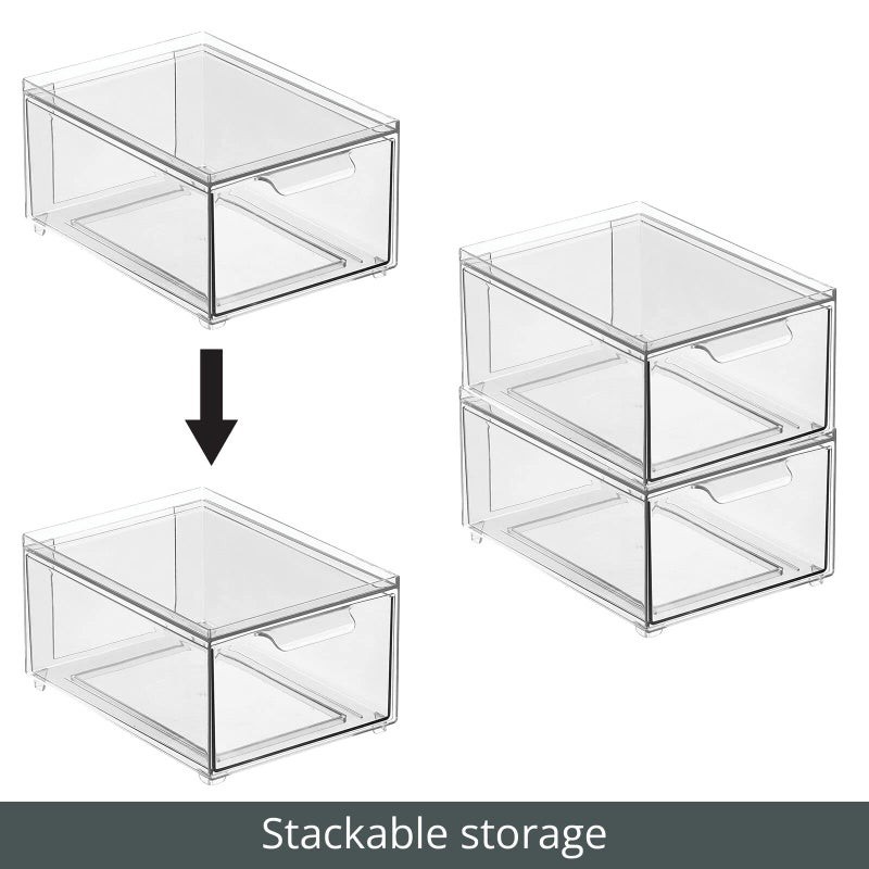 mDesign Stackable Storage Containers Box with Pull-Out Drawer - Stacking Plastic Drawers Bins for Kitchen Pantry and Cupboard, Cabinet, Counter, Island and Tables - Lumiere Collection - 2 Pack - Clear - Image 5