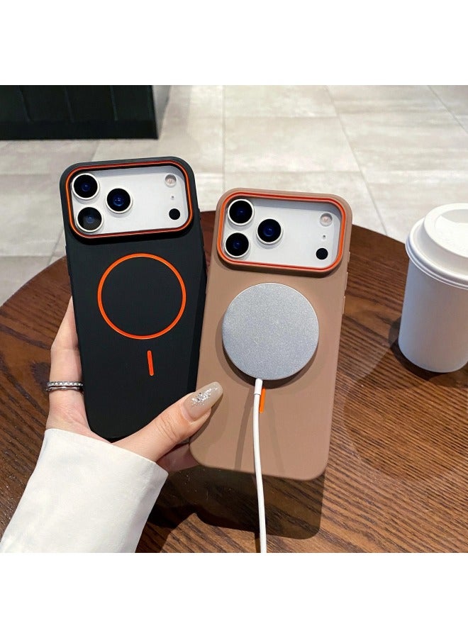 Skin-Friendly Matte Silicone MagSafe Magnetic Case For iPhone, Two-Tone Orange Trim Large Window Shockproof Soft TPU Protective Cover, Anti-Fingerprint Minimalist Solid Color Phone Shell - Image 3