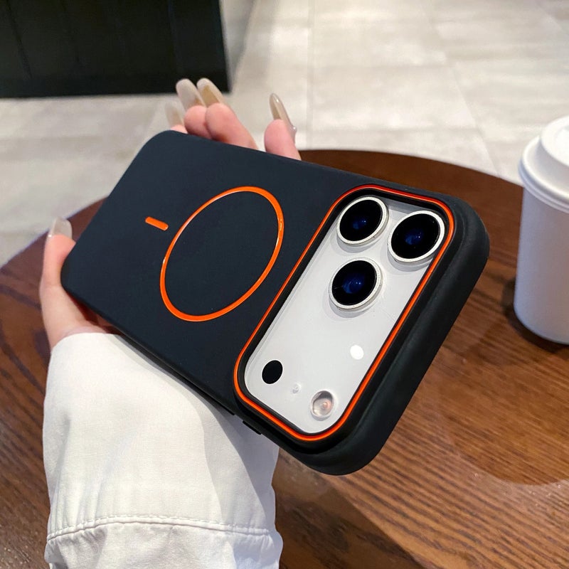 Skin-Friendly Matte Silicone MagSafe Magnetic Case For iPhone, Two-Tone Orange Trim Large Window Shockproof Soft TPU Protective Cover, Anti-Fingerprint Minimalist Solid Color Phone Shell - Image 1