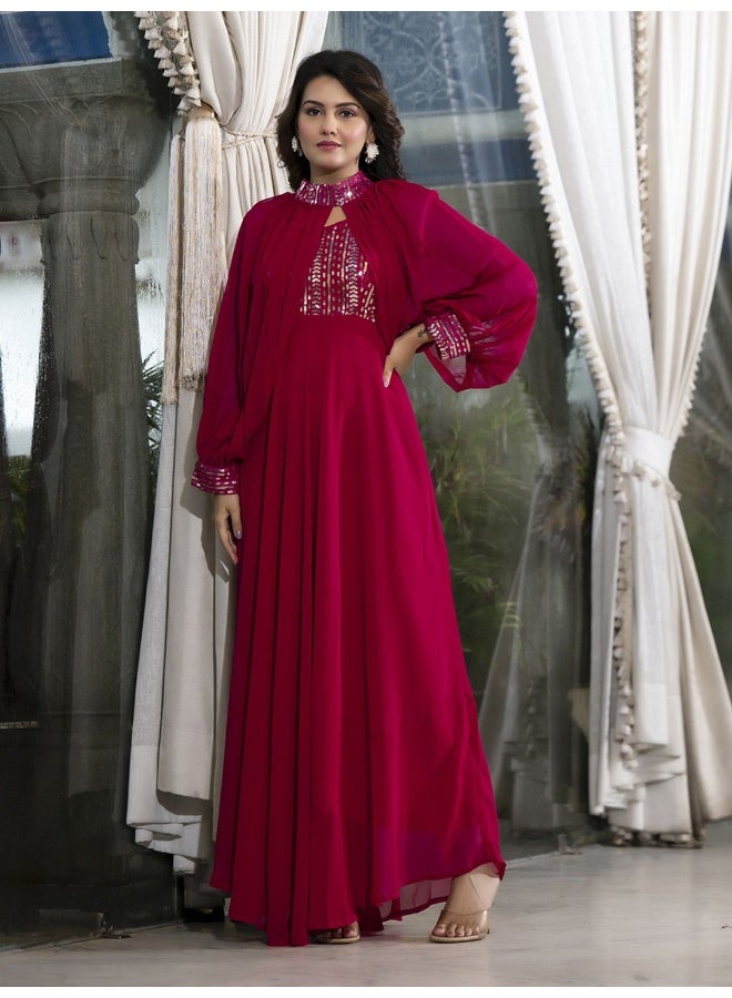 AKS Magenta Sequenced Flared Maxi With Cape Sleeve  - Image 3