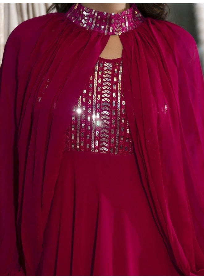 AKS Magenta Sequenced Flared Maxi With Cape Sleeve  - Image 2