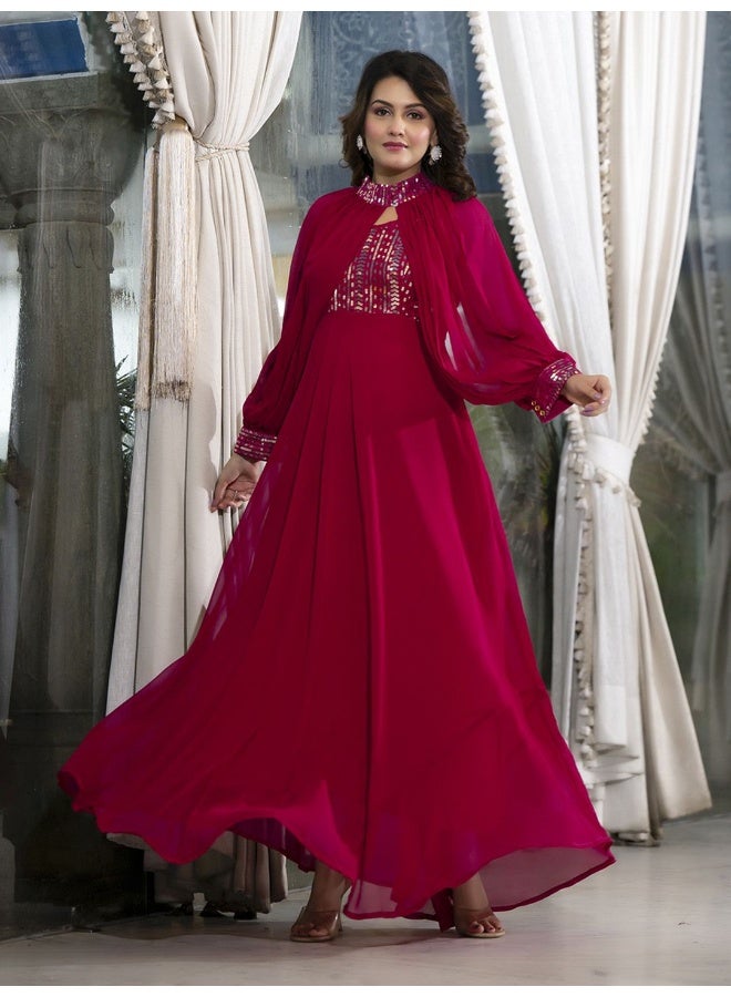 AKS Magenta Sequenced Flared Maxi With Cape Sleeve  - Image 4