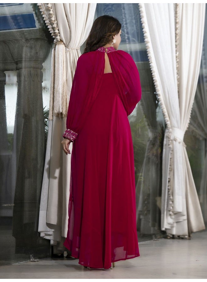 AKS Magenta Sequenced Flared Maxi With Cape Sleeve  - Image 5