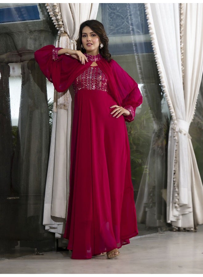 AKS Magenta Sequenced Flared Maxi With Cape Sleeve  - Image 1