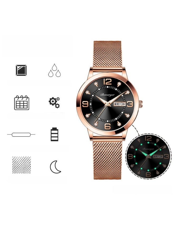 BONARGER Women's Premium Waterproof Luminous Quartz Watch with a Mesh Strap - Image 2