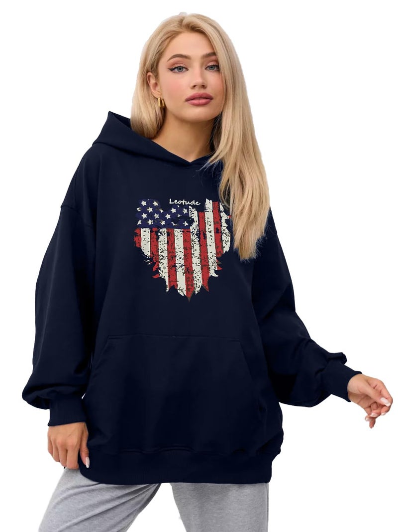 LEOTUDE Loopknit Women's Loose Fit Hooded Neck Full Sleeve Sweatshirt (GRL_W88_AMERICN_NVY_U2_P_Navy_Medium) - Image 1