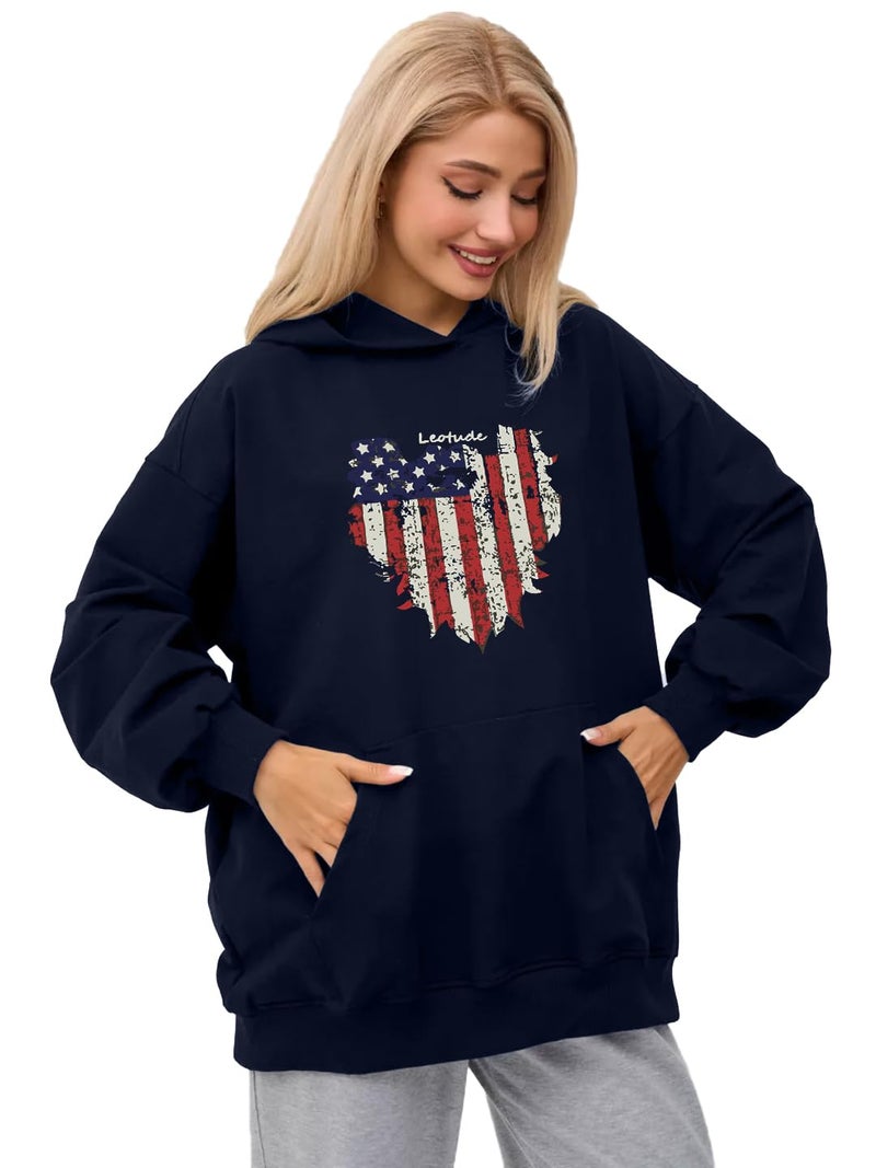 LEOTUDE Loopknit Women's Loose Fit Hooded Neck Full Sleeve Sweatshirt (GRL_W88_AMERICN_NVY_U2_P_Navy_Medium) - Image 2