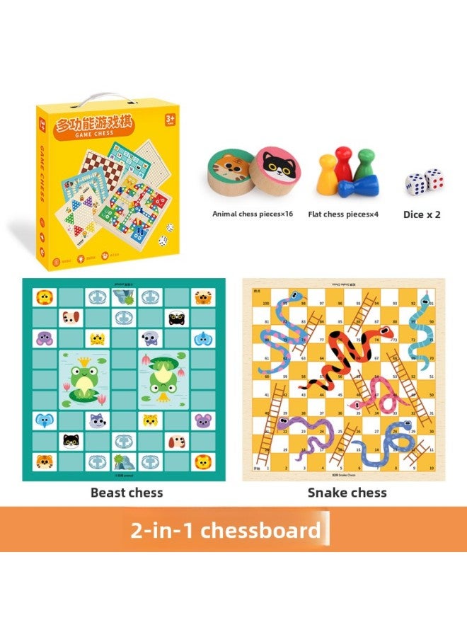Multi-function Chess Children Primary School Students Chess Puzzle Wooden Gift Toy Checkers Flying Chess Backgammon Fighting Beast