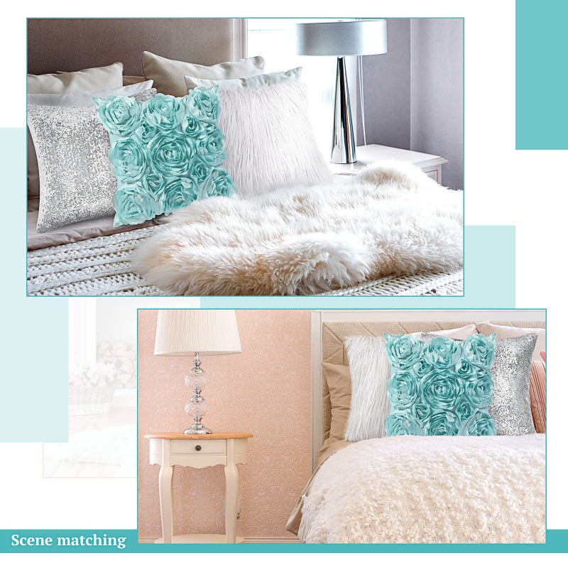 Oudain 6 Pcs Decorative 3D Rose Flower Pillow Cover  Faux Fur Throw Pillow Covers  16 x 16 Inch Throw Pillows for Bed Soft Square Sofa Pillow Covers for Sofa Bedroom Car (Blue  White  Silver) - Image 5