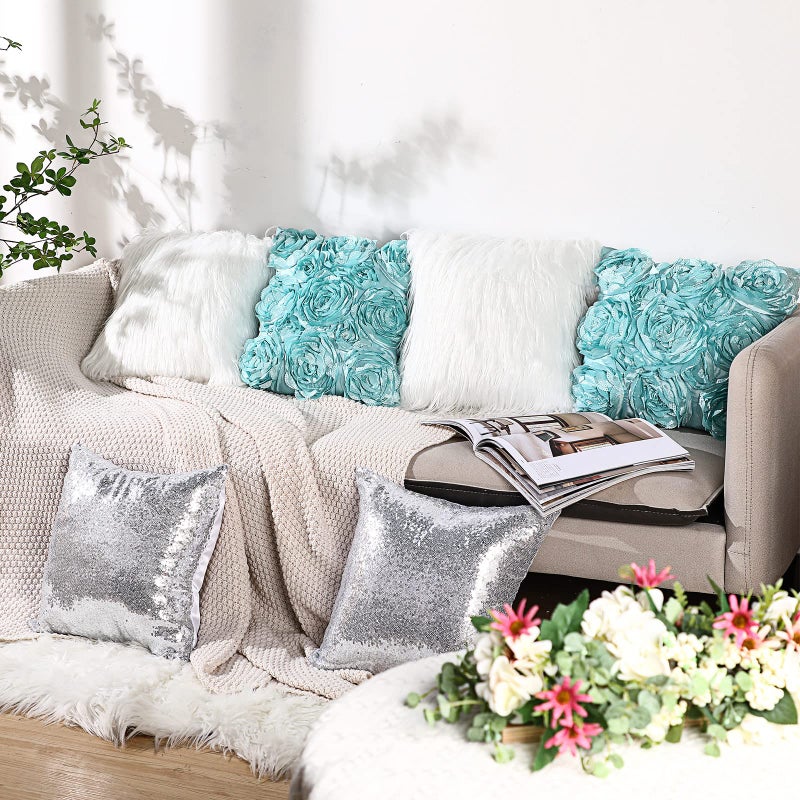 Oudain 6 Pcs Decorative 3D Rose Flower Pillow Cover  Faux Fur Throw Pillow Covers  16 x 16 Inch Throw Pillows for Bed Soft Square Sofa Pillow Covers for Sofa Bedroom Car (Blue  White  Silver) - Image 4