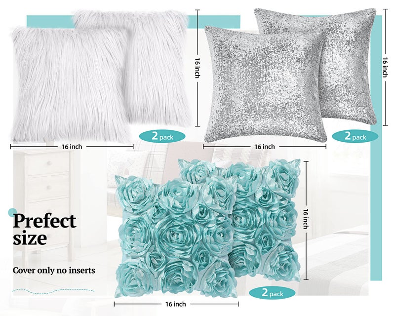 Oudain 6 Pcs Decorative 3D Rose Flower Pillow Cover  Faux Fur Throw Pillow Covers  16 x 16 Inch Throw Pillows for Bed Soft Square Sofa Pillow Covers for Sofa Bedroom Car (Blue  White  Silver) - Image 2