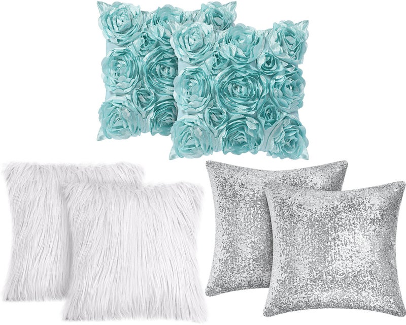 Oudain 6 Pcs Decorative 3D Rose Flower Pillow Cover  Faux Fur Throw Pillow Covers  16 x 16 Inch Throw Pillows for Bed Soft Square Sofa Pillow Covers for Sofa Bedroom Car (Blue  White  Silver) - Image 1