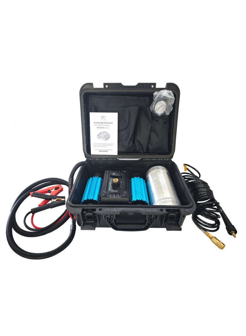 مجموعة ضاغط الهواء AIR-PRO الثقيلة ذات المحرك المزدوج – منفاخ إطارات محمول 150 PSI للسيارات، SUVs، الشاحنات، 4x4 – أسطوانة مزدوجة، خزان هواء مدمج، خرطوم بطول 20 قدم، حقيبة تخزين مقاومة للماء