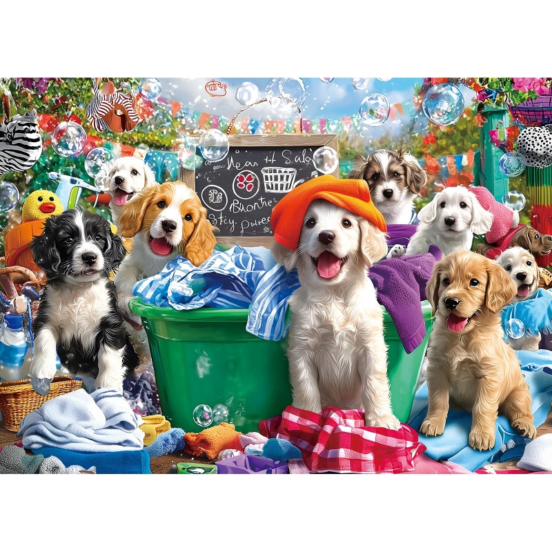 Blueforest Puppy Party 1000 Piece Jigsaw Puzzle for Adults Dog Playful Scene Colorful Clothes Laundry Day Puzzles with Letters on Back Adult Games for Game Night Fun, 27x20 Inch - Image 1