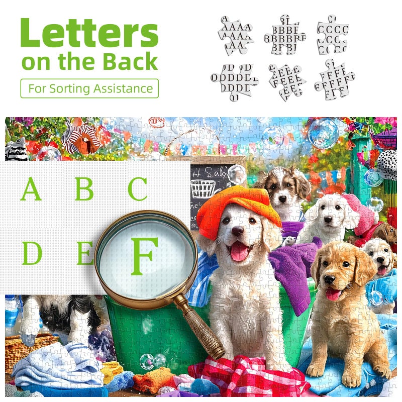 Blueforest Puppy Party 1000 Piece Jigsaw Puzzle for Adults Dog Playful Scene Colorful Clothes Laundry Day Puzzles with Letters on Back Adult Games for Game Night Fun, 27x20 Inch - Image 3