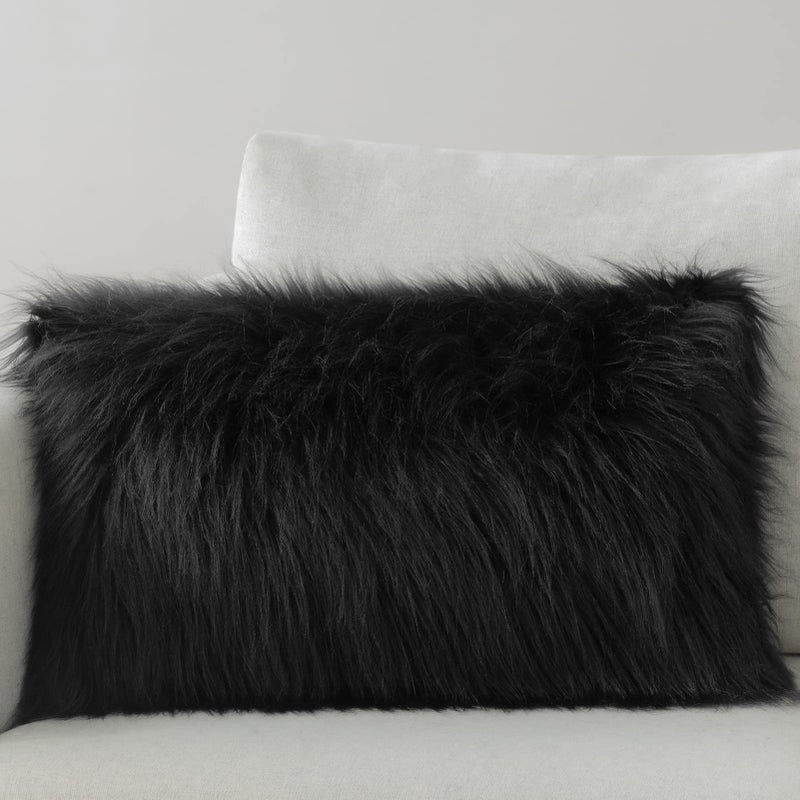 Phantoscope Faux Fur Solid Decorative Pillow Cover Fluffy Throw Pillow Mongolian Luxury Fuzzy Pillow Case Cushion Cover for Bedroom and CouchBlack 12 x 20 Inches