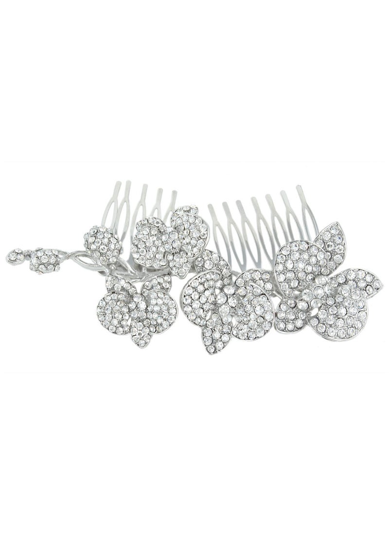 EVER FAITH - EVER FAITH Womens Austrian Crystal 5 Inch Wedding Orchid Flower Bud Hair Side Comb Clear SilverTone - Image 1