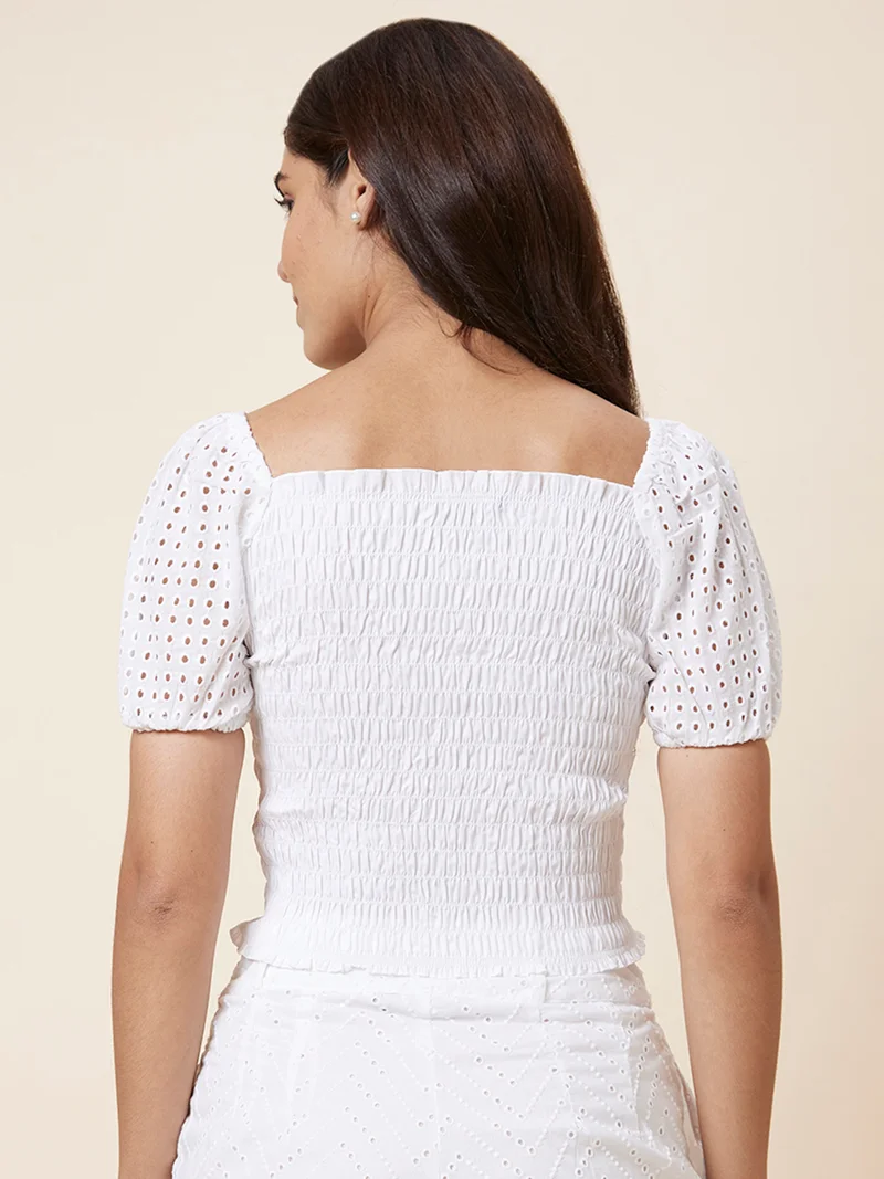 globus Women Smocked Cotton Schiffli Crop Top
