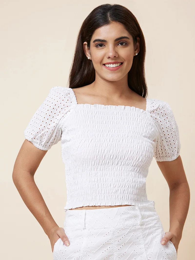 globus Women Smocked Cotton Schiffli Crop Top