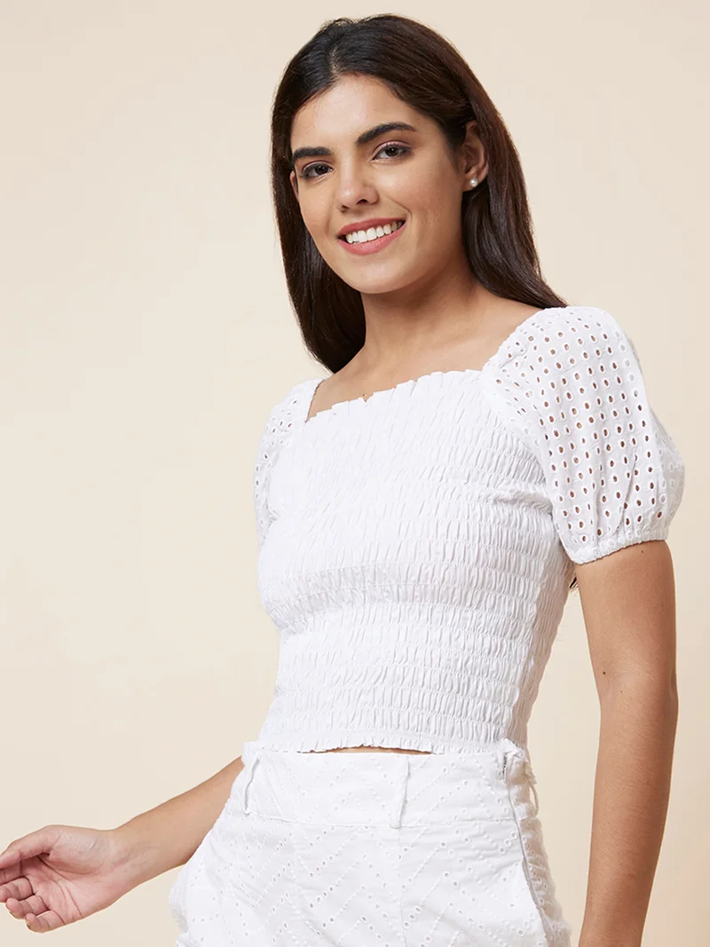 globus Women Smocked Cotton Schiffli Crop Top