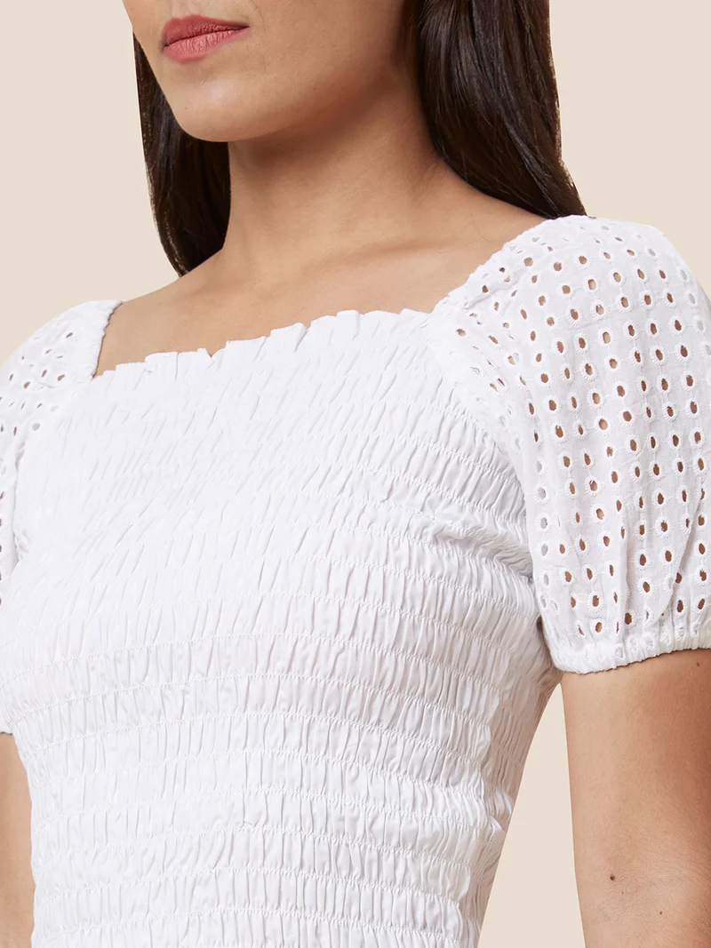 globus Women Smocked Cotton Schiffli Crop Top