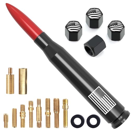 Engirette Car Truck Bullet Antenna with Tire Valve Caps American Flag Universal Short Replacement for GMC Sierra Chevy Silverado Dodge Ram 1500 2500 3500 Ford F150 F250 F350 Super Duty Raptor Accessories, Red - Image 1