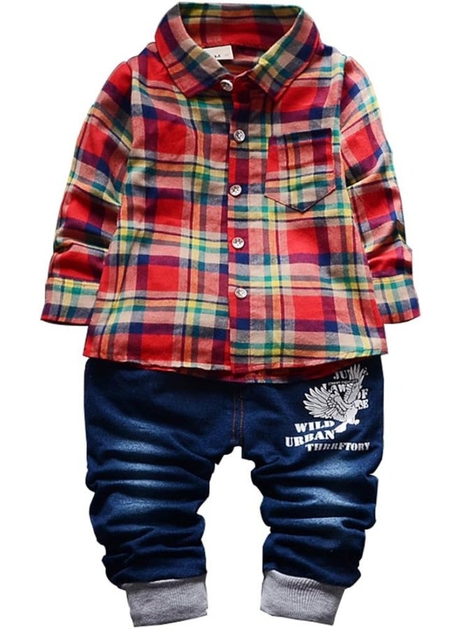 Yao 9M-5T Spring Autumn Baby Boys 3pcs Clothing Set Cotton Shirt Jeans Denim Vest(9-12months,Red) - Image 4