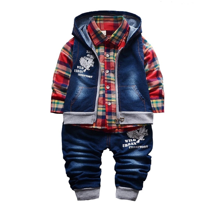 Yao 9M-5T Spring Autumn Baby Boys 3pcs Clothing Set Cotton Shirt Jeans Denim Vest(9-12months,Red) - Image 1