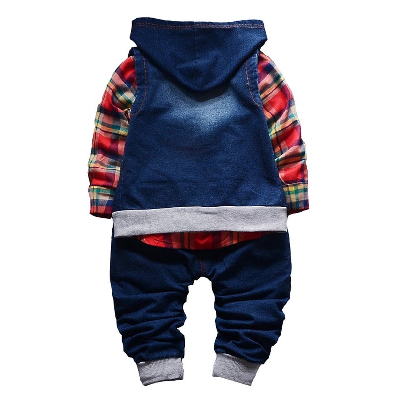 Yao 9M-5T Spring Autumn Baby Boys 3pcs Clothing Set Cotton Shirt Jeans Denim Vest(9-12months,Red) - Image 2