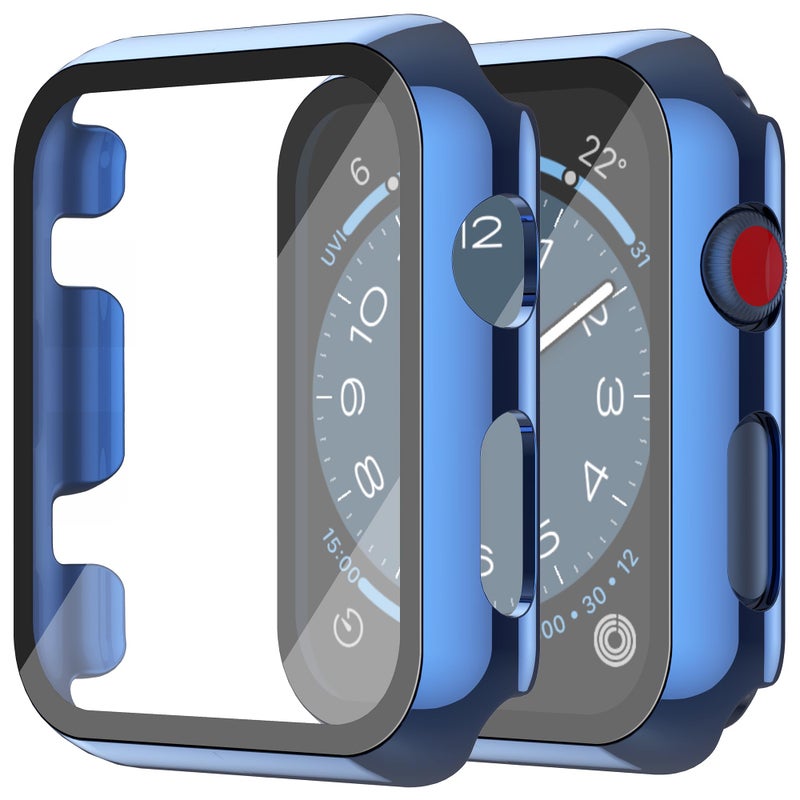 Misxi 2 Pack Hard PC Case with Tempered Glass Screen Protector Compatible with Apple Watch Series 2 Series 3 38mm, Anti-Drop Scratch Resistant Lightweight Cover for iWatch, 1 Blue + 1 Transparent - Image 1