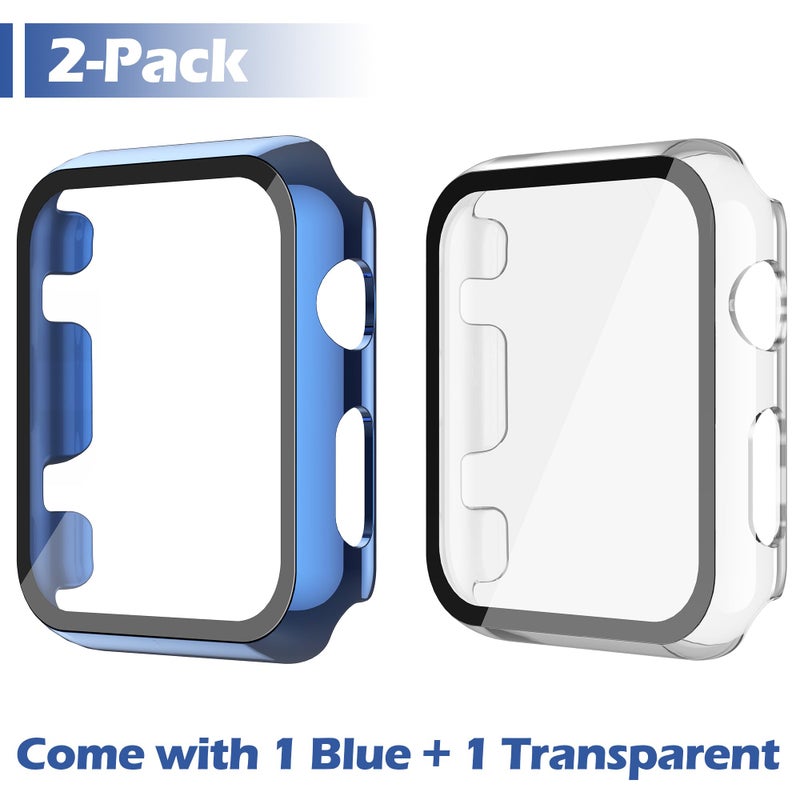 Misxi 2 Pack Hard PC Case with Tempered Glass Screen Protector Compatible with Apple Watch Series 2 Series 3 38mm, Anti-Drop Scratch Resistant Lightweight Cover for iWatch, 1 Blue + 1 Transparent - Image 2