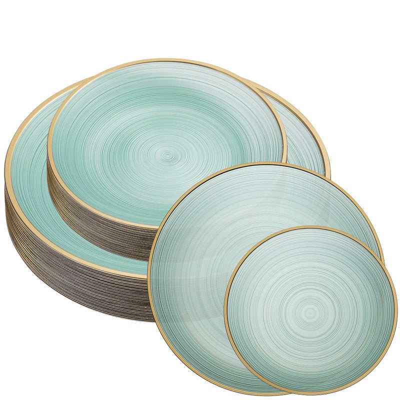 PLASTICPRO 32 Pieces Crystal Design Plastic Plates Combo Pack 7 inch and 10 inch Gold Rim Elegant Disposable Plates, Transparent Green - Image 1