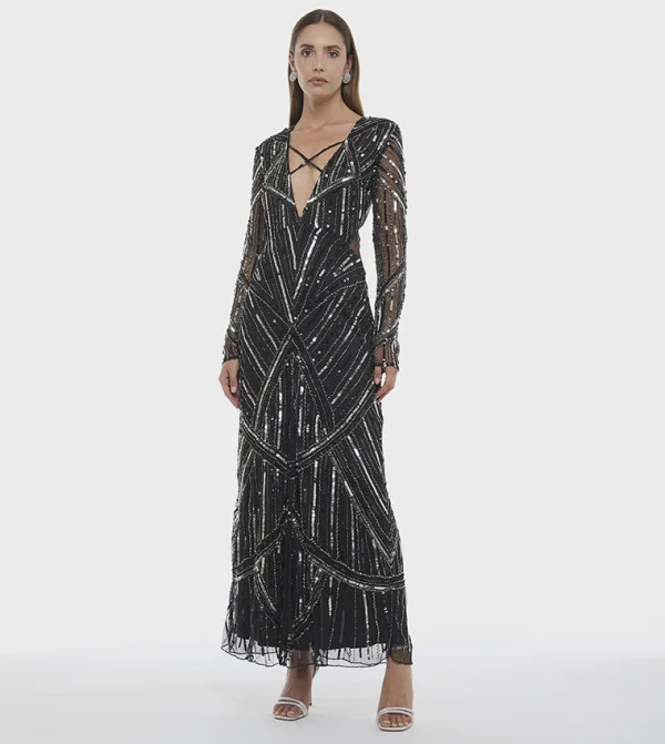 بي سي بي جي BCBG EMBELLISHED LONG SLEEVES V NECK GOWN