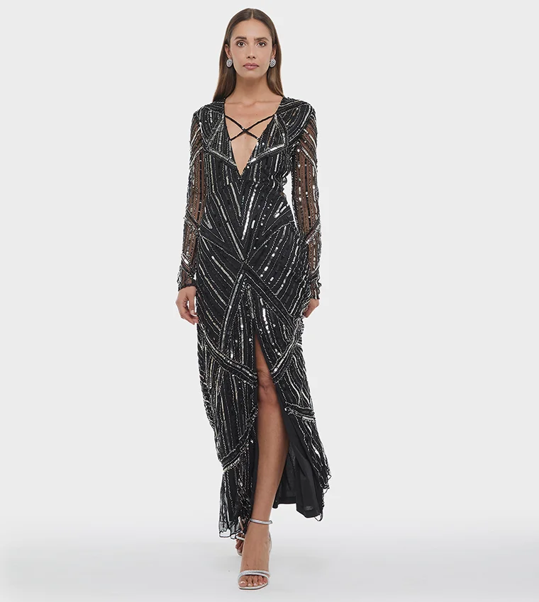 بي سي بي جي BCBG EMBELLISHED LONG SLEEVES V NECK GOWN